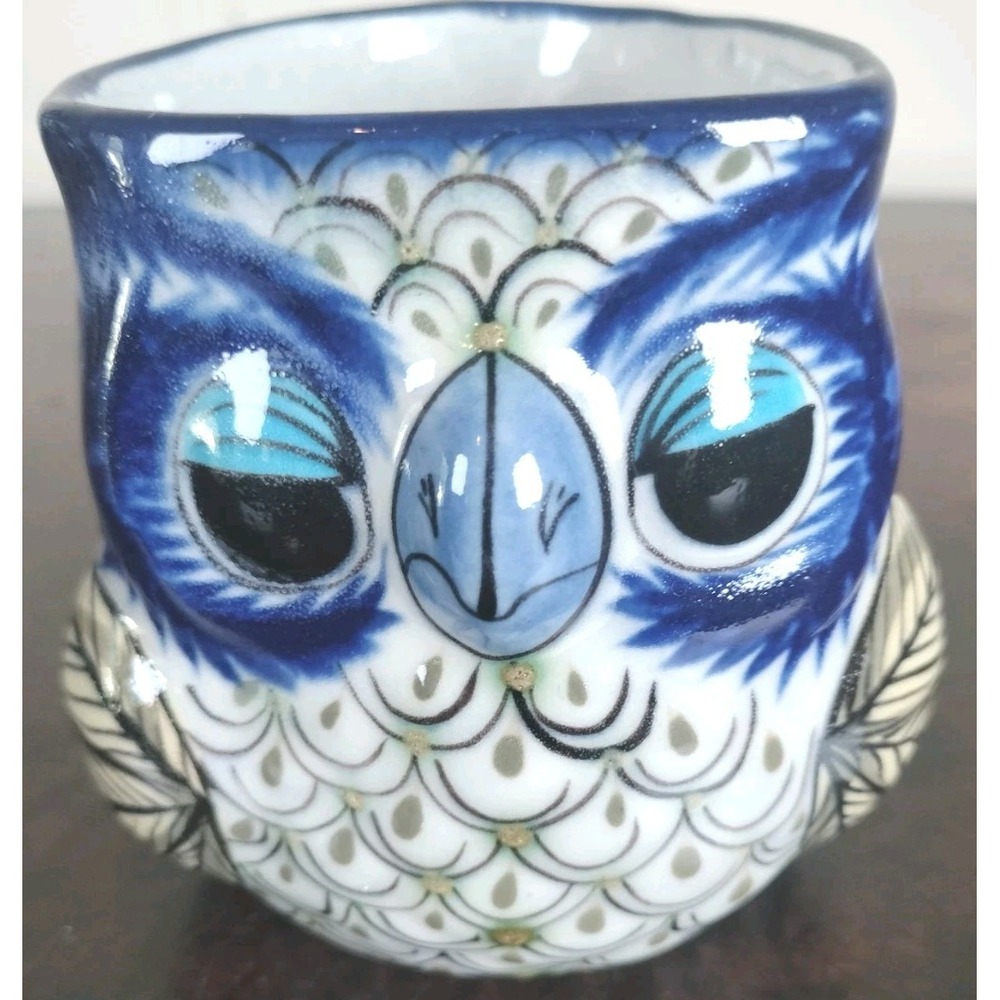 Handmade Guatemalan Pottery Owl Mug Blue & White Hand-Painted Artisan Signed Cup